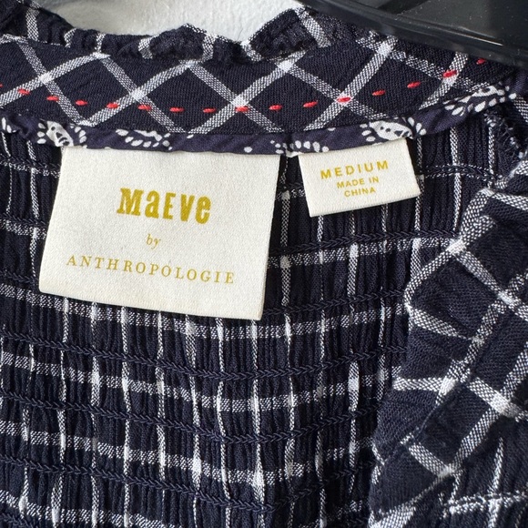 Anthropologie Sara Smocked Shirtdress Navy and White Grid Long Sleeve Dress - Picture 4 of 12